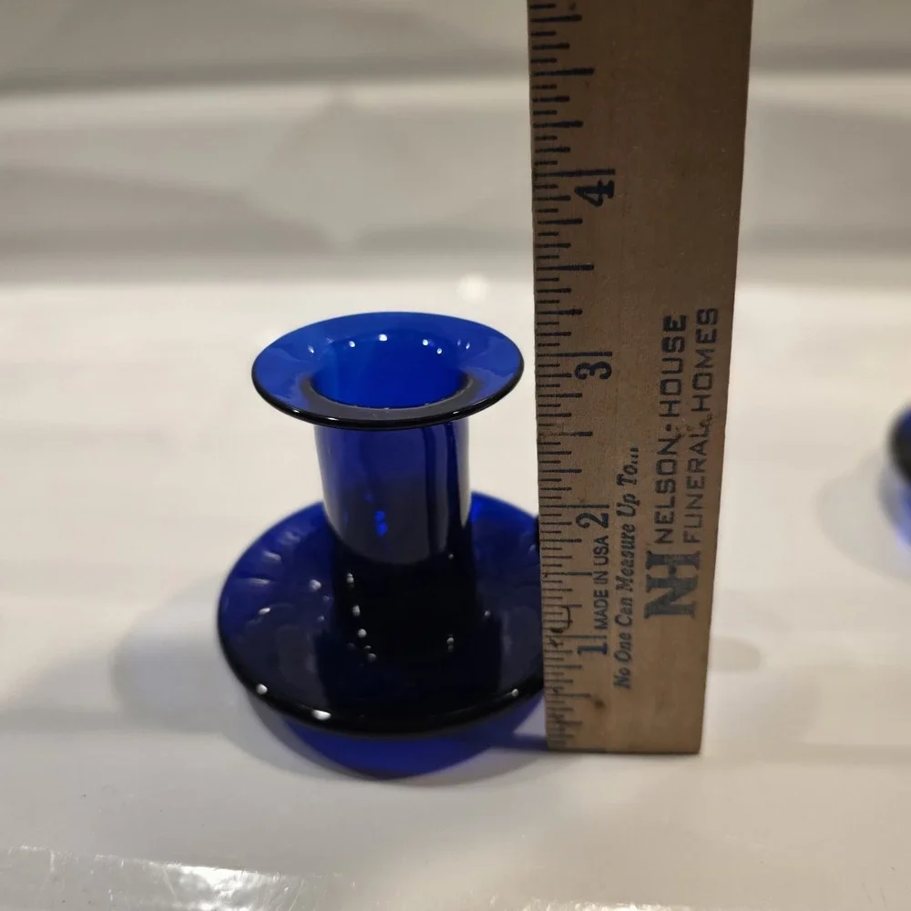 Vintage Hand Blown Cobalt Blue Art‎ Glass Finger Loop Handle Candlestick Holder
